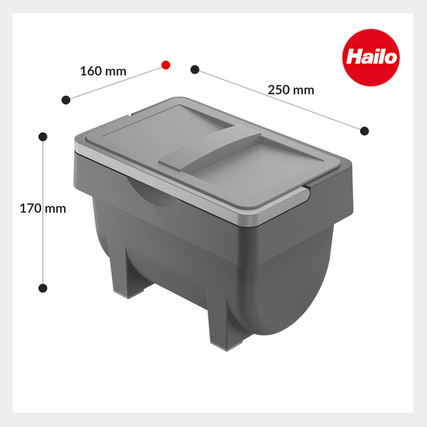 Graue Hailo Aufbewahrungsbox aus Kunststoff mit Deckel, Breite 250 Millimeter, Tiefe 160 Millimeter und Höhe 170 Millimeter. Hailo Logo.