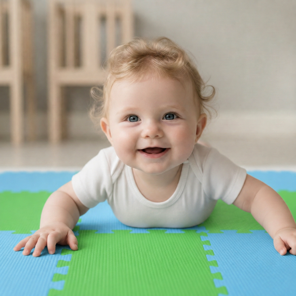 Ein lächelndes Baby liegt auf einer bunten Spielmatte aus Schaumstoff in einem hellen Innenraum.