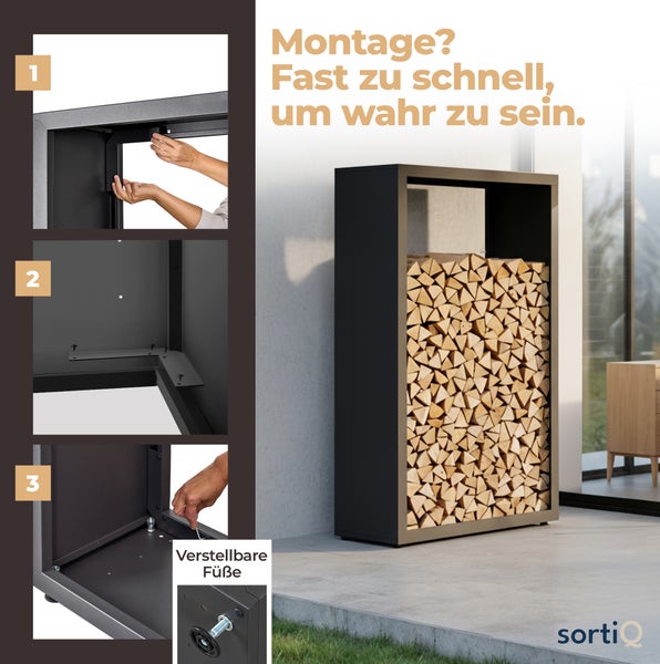Brennholzregal aus Metall mit Darstellung der Montage in drei Schritten und verstellbaren Füßen. SortiQ Logo.
