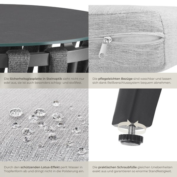 Produktmerkmale: Tischplatte aus Sicherheitsglas, waschbare Bezüge mit Reißverschlusssystem, wasserabweisender Lotus-Effekt, verstellbare Füße.