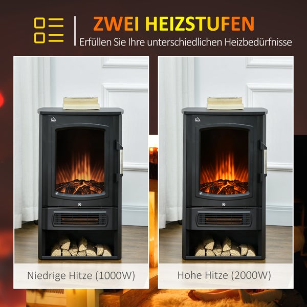 HOMCOM LED Elektrokamin mit Flammeneffekt, 1000/2000W, 2 Heizstufen, 44,5 x 32 x 74 cm, Stahl, Schwarz