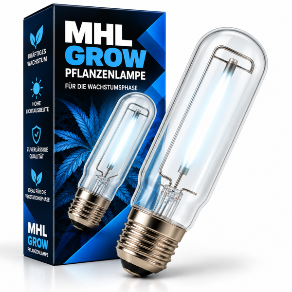MHL Grow Pflanzenlampe für die Wachstumsphase mit Glaskolben und Schraubsockel neben der Produktverpackung.