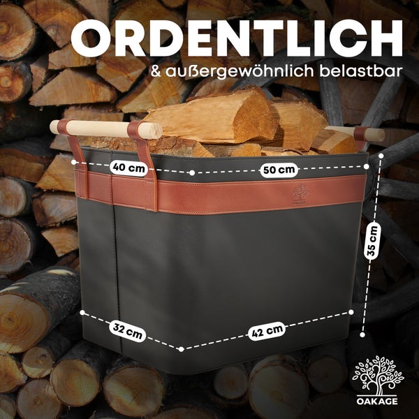 OAKAGE® LuxeLeather Holzkorb Veganes Leder - mit ausreißsicheren Holzgriffen - 50x40x35cm