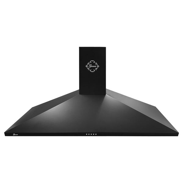 Schwarze Dunstabzugshaube von Gurari mit Kamin und Bedientasten an der Vorderseite. Gurari Logo.