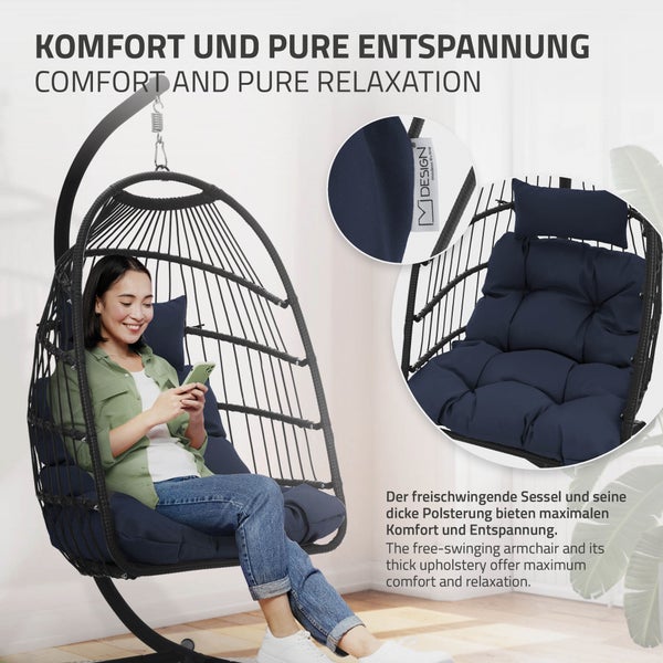 ECD Germany Hängesessel mit Gestell und Kissen + Deckenhalterung, Navyblau, Rattan-Optik, Stahl, höhenverstellbar & faltbar, Indoor/Outdoor, Hängestuhl Hängekorb Hängeschaukel Hängesitz, für Garten