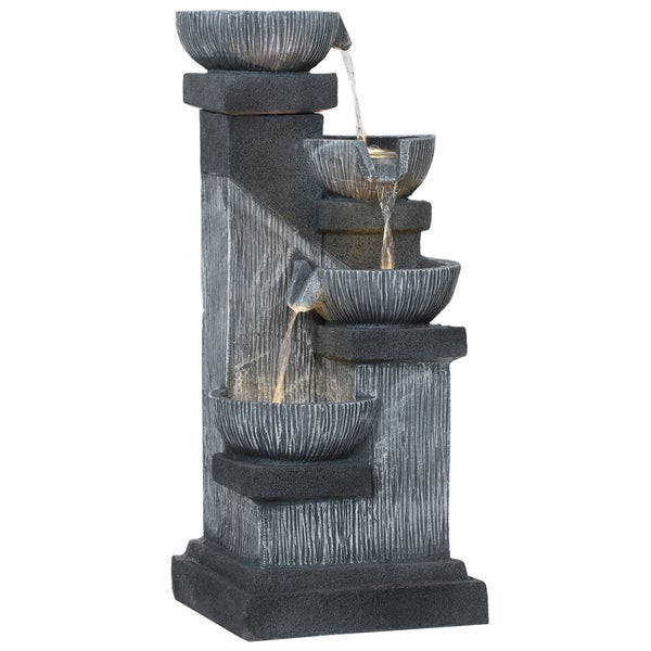Outsunny Springbrunnen Outdoor aus Kunstharz vierstöckig Gartenbrunnen mit LED Beleuchtung Pumpe Steinoptik Dekorationsbecken Zimmerbrunnen Wasserspiel für Garten Terrasse 38 x 36 x 85 cm Grau
