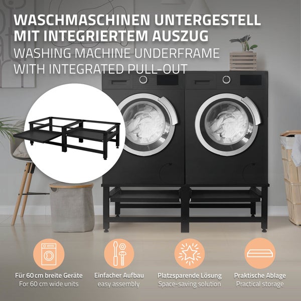 ML-Design Doppel Waschmaschinen-Untergestell mit 2 ausziehbaren Ablagen, Schwarz, Stahl, bis 2x 150kg + 10 kg, verstellbare Füße, Waschmaschinensockel 2-Fach, Doppeluntergestell Doppelpodest Erhöhung