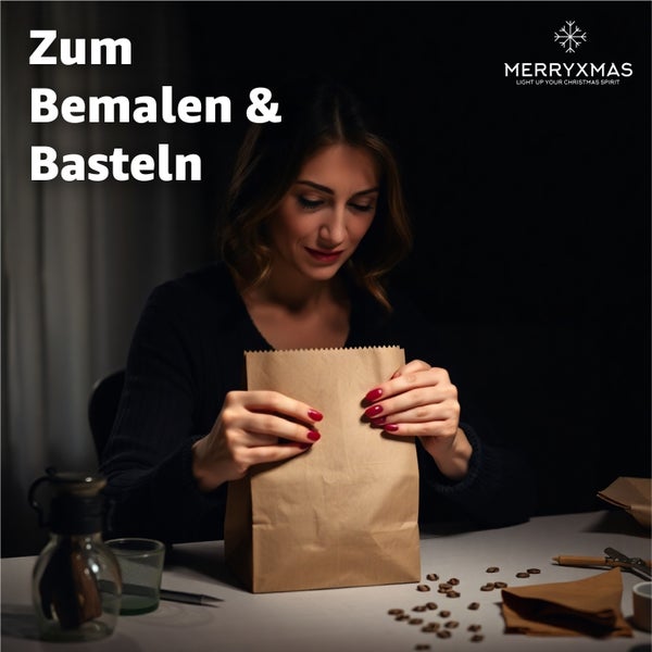 Frau bastelt mit einer Papiertüte und Dekorationsmaterialien, geeignet zum Bemalen und Basteln