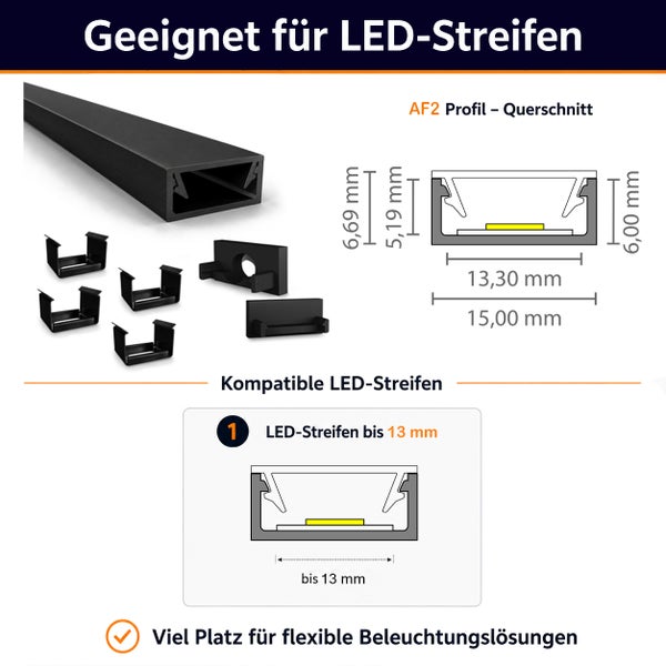 LED Profil AF2 mit Montagezubehör und Maßangaben für LED Streifen bis 13 Millimeter Breite.