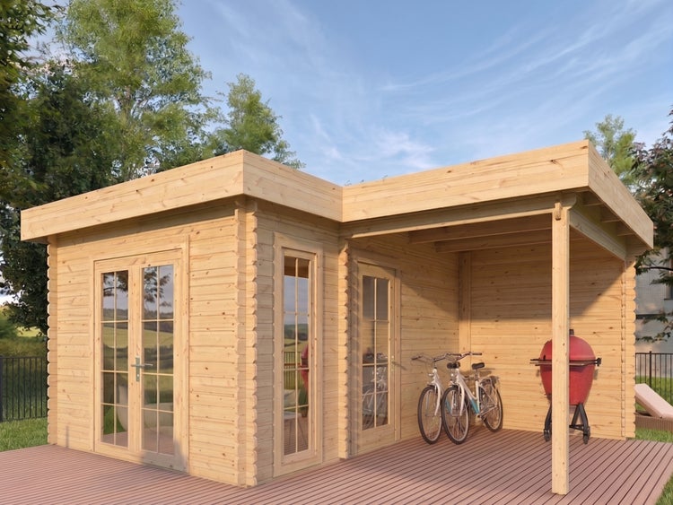 Modernes Gartenhaus aus Holz mit Flachdach, Doppeltür und integrierter Überdachung inklusive Holzterrasse in einem Garten.