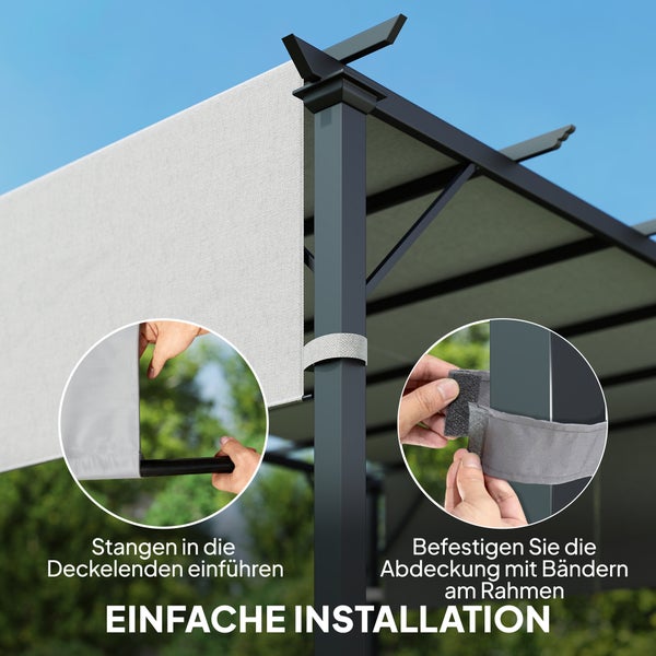 Montage einer Pergola-Überdachung mit Einschubstangen und Klettbändern am Metallrahmen zur einfachen Befestigung.