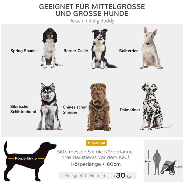PawHut Hundewagen Hundebuggy mit Netzfenstern, Klappbarer Katzenwagen mit Sicherheitsleine, große Gummiräder für Mittelgroße, Große Hunde bis 30 kg, Oxford, Grau
