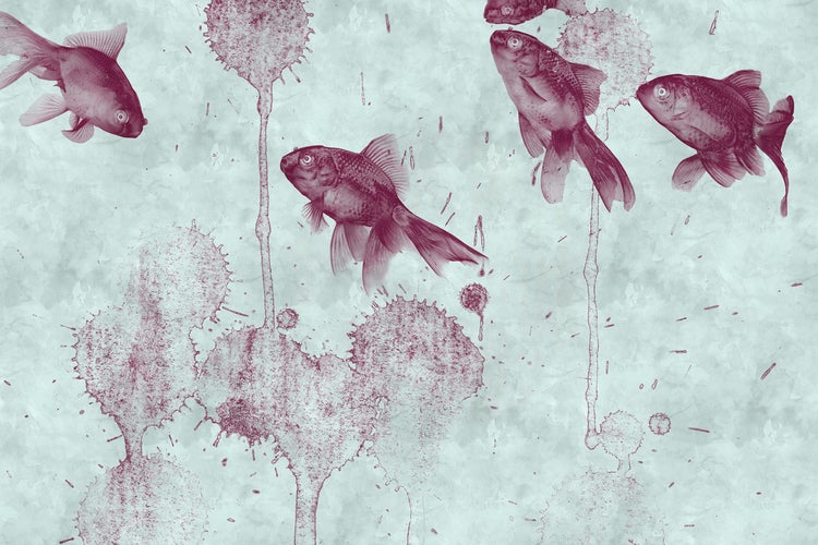 Illustration mit Fischen und abstrakten floralen Elementen.