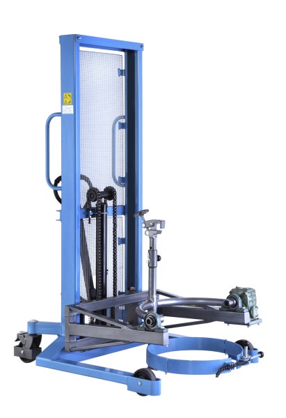 Blauer manueller Fasslifter aus Stahl mit Schutzgitter und Kippvorrichtung für Fässer.