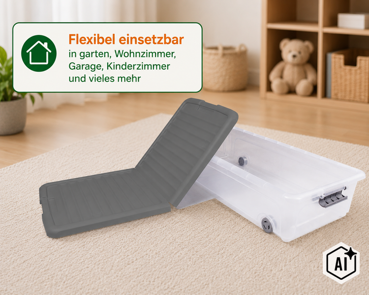 Unterbettkommode mit Rollen und Deckel zur flexiblen Aufbewahrung in verschiedenen Wohnbereichen.