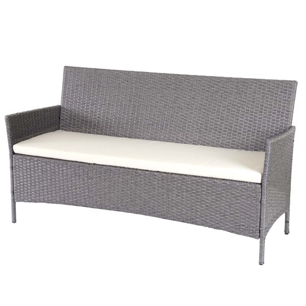 Gartenbank aus Polyrattan in Grau inklusive weißer Sitzauflage.