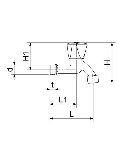 Maßzeichnung eines Wasserhahns mit Kennzeichnung der Abmessungen H, H1, L, L1, d und t.