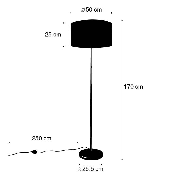 Technische Zeichnung einer Stehlampe mit den Massangaben Höhe 170 cm, Durchmesser Lampenschirm 50 cm, Höhe Lampenschirm 25 cm, Kabellänge 250 cm, Durchmesser Lampenfuss 25,5 cm