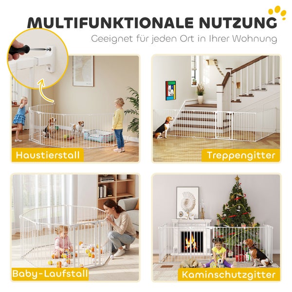 Weißes multifunktionales Sicherheitsgitter aus Metall, verwendbar als Haustierstall, Treppengitter, Baby-Laufstall und Kaminschutzgitter.