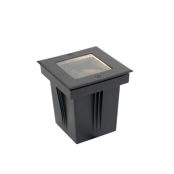 Quadratischer Bodeneinbaustrahler für den Außenbereich, Schwarz, mit Glasabdeckung.