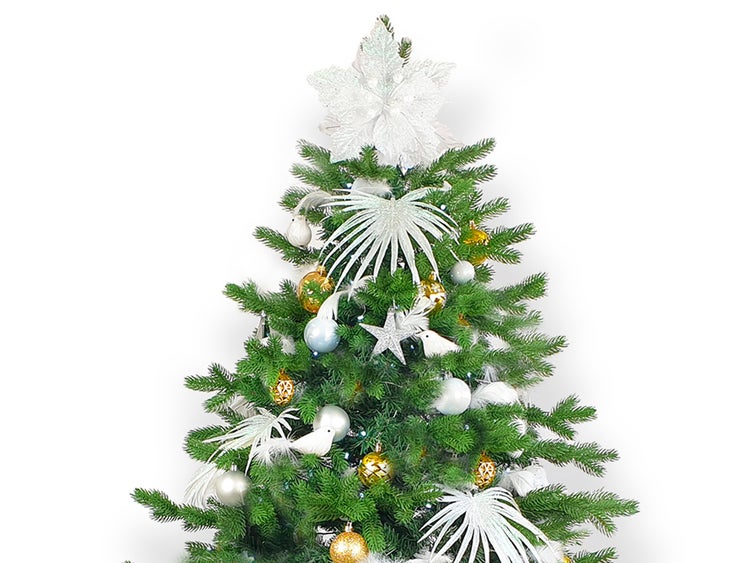 Geschmückter künstlicher weihnachtsbaum mit 133 Stk Kugeln POLAR GOLD II 210 cm mit Metallständer