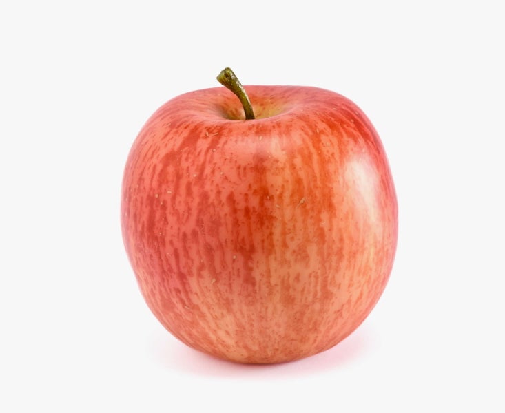 Roter, gelblich gestreifter Apfel mit kurzem Stiel.
