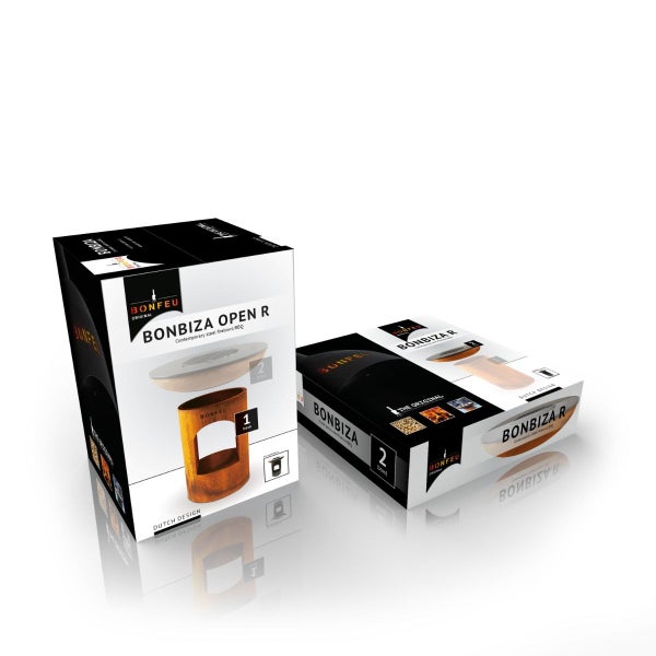 Produktverpackung für die BonFeu BonBiza Open R Feuerschale und den Grill aus Stahl.