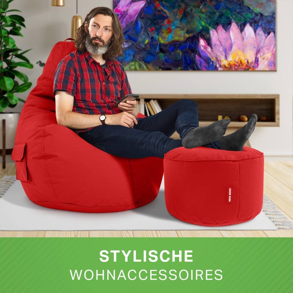 Green Bean 2er Set Sitzsack + Hocker - fertig befüllt - robust waschbar schmutzabweisend - Kinder & Erwachsene Bean Bag Bodenkissen Lounge Sitzhocker Relax-Sessel Gamer Gamingstuhl Pouf - Rot