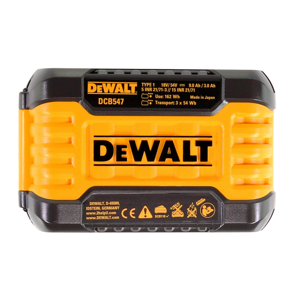 DeWalt Akku DCB547 XR FlexVolt mit 18 Volt und 54 Volt, 9,0 Amperestunden Kapazität, Konformitätszeichen, Sicherheitssymbolen und DeWalt Logo.