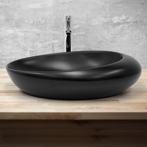 ML-Design Waschbecken Keramik Schwarz matt 58,5x37,5x14,5 cm, Kieselstein Form, Ovale Aufsatzwaschbecken, Moderne Waschtisch, Waschschale mit Abflussloch, Waschplatz Handwaschbecken, für Badezimmer