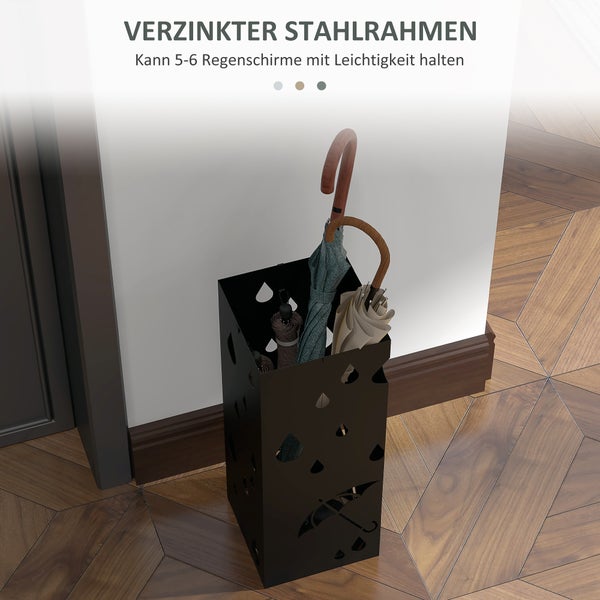 HOMCOM Regenschirmständer Schirmständer mit 4 Haken, Wasserauffangschale Regenschirmhalter für Flur, Regenschirme & Gehstöcke Stahl 15,5 x 15,5 x 40 cm Schwarz