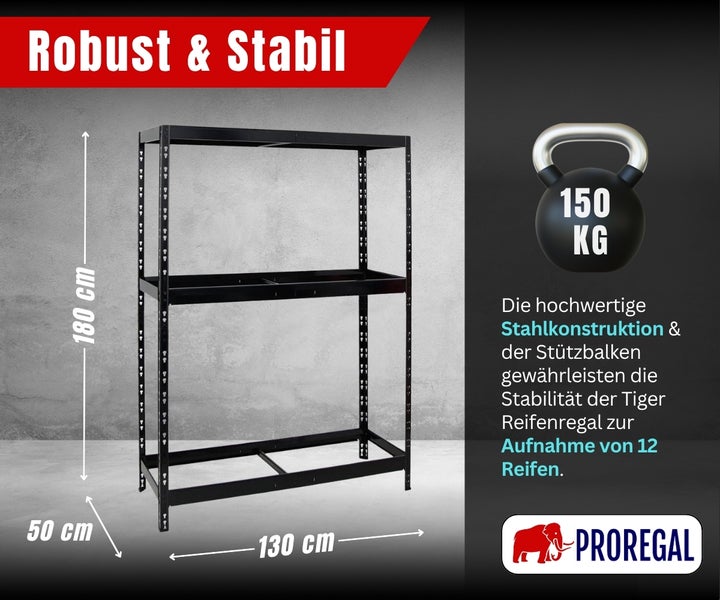 PROREGAL Tiger Reifenregal aus Stahl, Höhe 180 Zentimeter, Breite 130 Zentimeter, Tiefe 50 Zentimeter, für 12 Reifen, Tragkraft 150 Kilogramm.