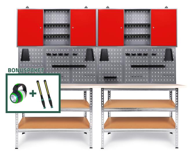 Ondis24 Werkstatt Set Uwe 240cm Lochwand Werkzeugschrank Lichtpaket, Werkstatteinrichtung, Werkbank
