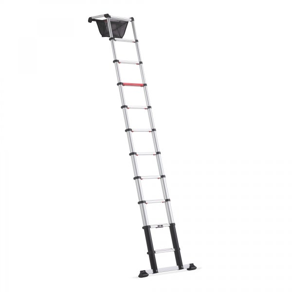 Ausziehbare Teleskopleiter mit Ablagekorb