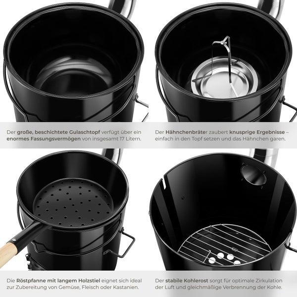Vier Produktansichten eines 17 Liter Gulaschtopf Sets inklusive Hähnchenbräter, Röstpfanne mit Holzstiel und Kohlerost für den Grill.