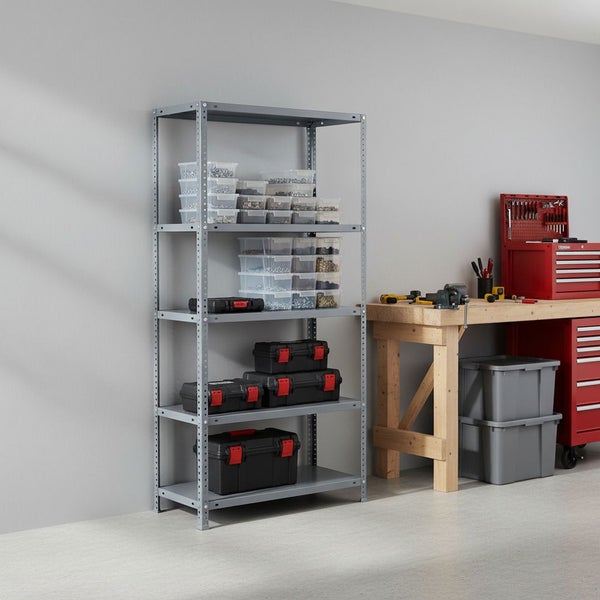 Stabiles graues Schwerlastregal mit fünf Böden in einer hellen Werkstatt neben einer hölzernen Werkbank und einem roten Werkzeugwagen.
