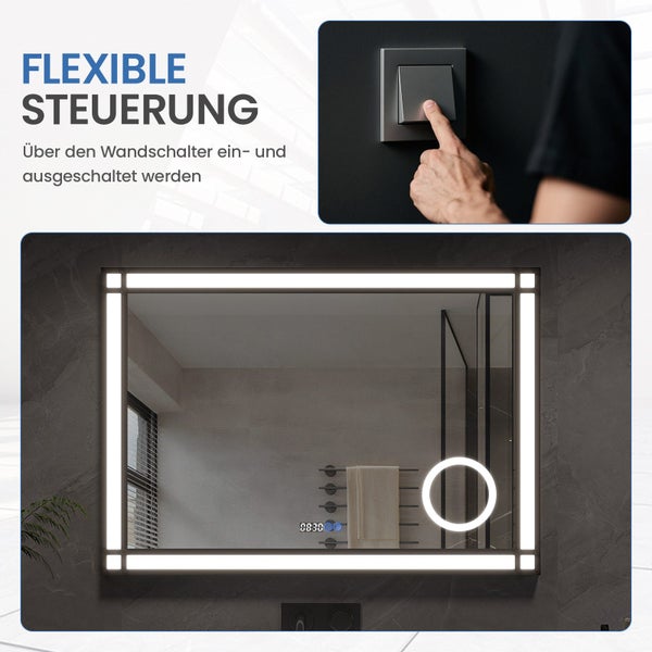 Wandspiegel mit integrierter LED Beleuchtung und Kosmetikspiegel Funktion, steuerbar über Wandschalter für das Badezimmer.