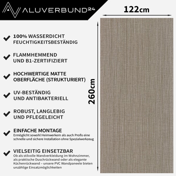 Aluverbund24 Wandpaneel, wasserdicht, feuerfest B1, UV-beständig, 122 x 260 Zentimeter für Bad, Küche und Wohnraum.