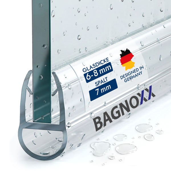 Bagnoxx Duschdichtung für 6 bis 8 Millimeter Glasdicke, Spaltmaß 7 Millimeter, Bagnoxx Logo, Entworfen in Deutschland.