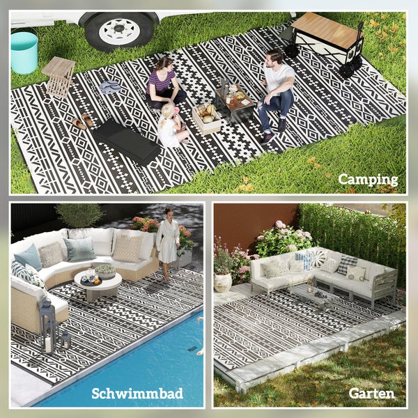 Outsunny Outdoor Teppich robuster Wetterfest Outdoorteppich, faltbar Carpet mit Boho-Style, Outdoor-Teppich für Wohnzimmer Balkon Garten Terrasse Bad Flur Küche, 548 x 274 cm Schwarz+Weiß
