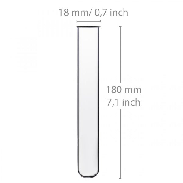 Transparentes Reagenzglas aus Glas, Durchmesser 18 Millimeter, Länge 180 Millimeter.