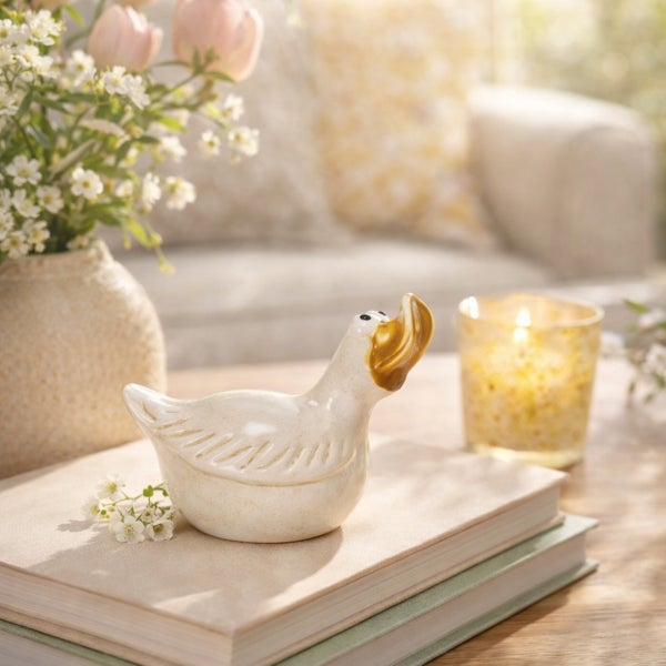Dekorative Figur Ente aus Keramik auf Büchern, arrangiert mit Blumen und Kerze in einer hellen, wohnlichen Umgebung.