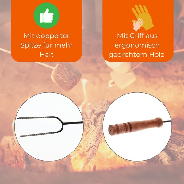 Grillspieß Lagerfeuer 100cm lang 10 Stück im Set Lagerfeuerspieße Wurstspieße extra langer BBQ Spieß für Feuerschale Holzgriff Grillgut Brot Marshmallows