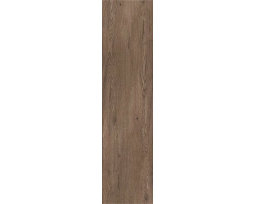 Dunkelbraune Bodenplanke mit Holzoptik, Maserung und Astlöchern.