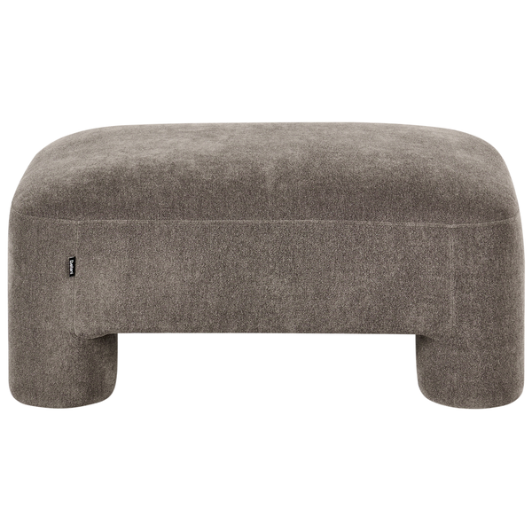 Polsterhocker in Taupe mit Stoffbezug, modernes Design mit abgerundeten Ecken und dicken Beinen.