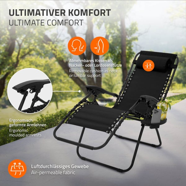 ML-Design Sonnenliege klappbar Schwarz, Liegestuhl mit verstellbarem Kopfpolster & Rückenlehne, Gartenliege wetterfest mit Schnürsystem, Zero Gravity Outdoor Relaxliege, Gartenstuhl mit Getränkehalter