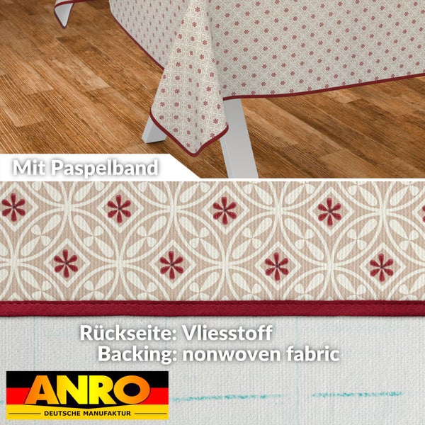 Tischdecke mit Paspelband und Vliesstoffrücken, ANRO Logo