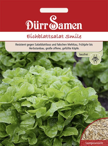 Dürr Samen Logo. Samentüte für Eichblattsalat Smile mit Abbildung eines wachsenden grünen Salats und Detailansicht der Samen.