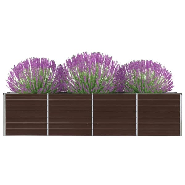 Rechteckiges Hochbeet aus Metall in Braun mit Lavendel bepflanzt.