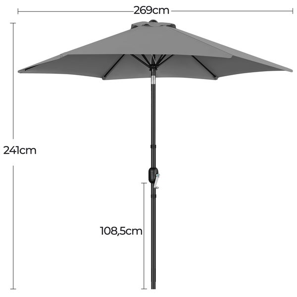 Abmessungen Sonnenschirm: 269 cm breit, 241 cm hoch, Stiel 108,5 cm